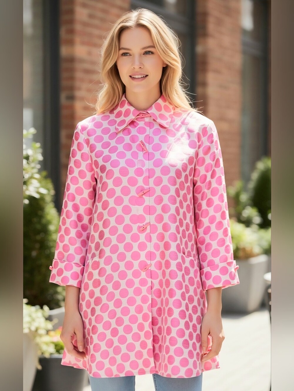 Bala Bala Pink Polka Dot Button-Front Tunic Coat